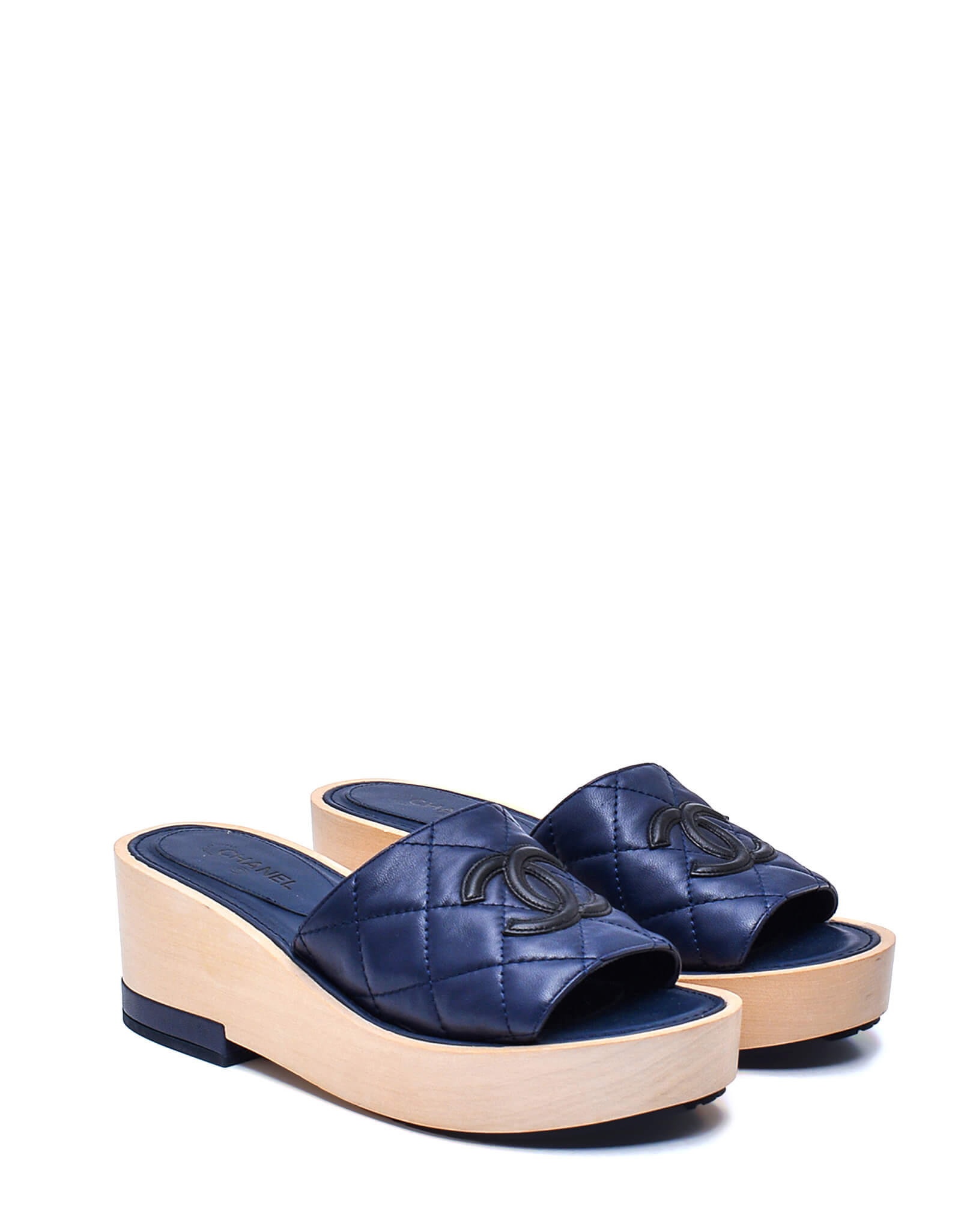 Chanel- Navy Blue Quilted Leather CC Clogs Sandals / 37